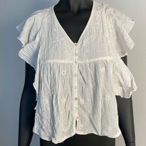 Rachel Roy White Button Down Crochet Floral Blouse